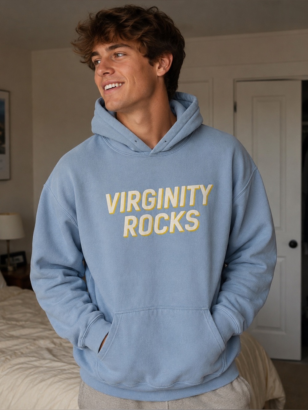 Gildan Light Blue Hoodie with Yellow 'VIRGINITY ROCKS' Text